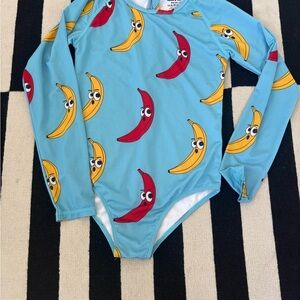 Long-Sleeve Kids Swim Bodysuit in Light Blue with Yellow & Red Banana Print